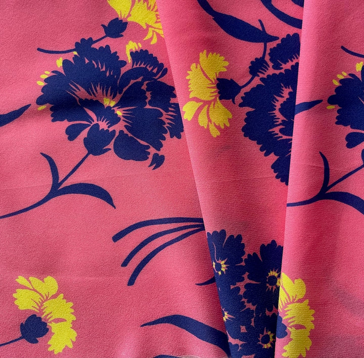 Airy Dianthus Flowers on Coral Stretch Silk Crepe de Chine (Made in Italy)