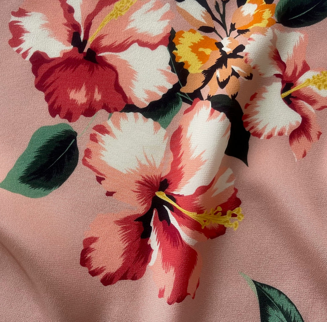 Large-Scale Hibiscus Blooms on Light Grapefruit Pink Silk Crepe de Chine (Made in Italy)