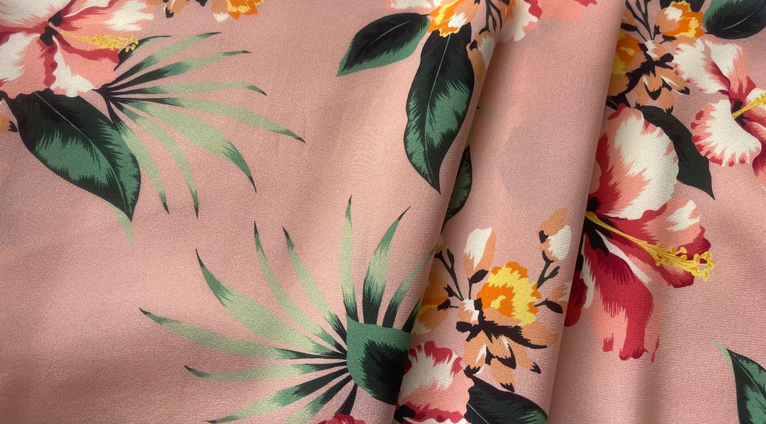 Large-Scale Hibiscus Blooms on Light Grapefruit Pink Silk Crepe de Chine (Made in Italy)