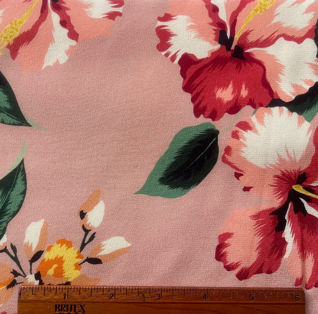 Large-Scale Hibiscus Blooms on Light Grapefruit Pink Silk Crepe de Chine (Made in Italy)