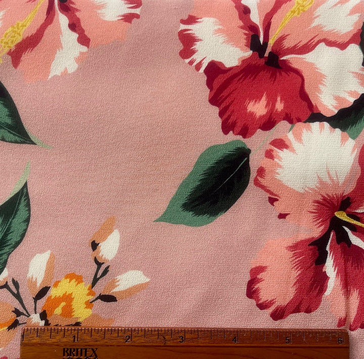 Large-Scale Hibiscus Blooms on Light Grapefruit Pink Silk Crepe de Chine (Made in Italy)