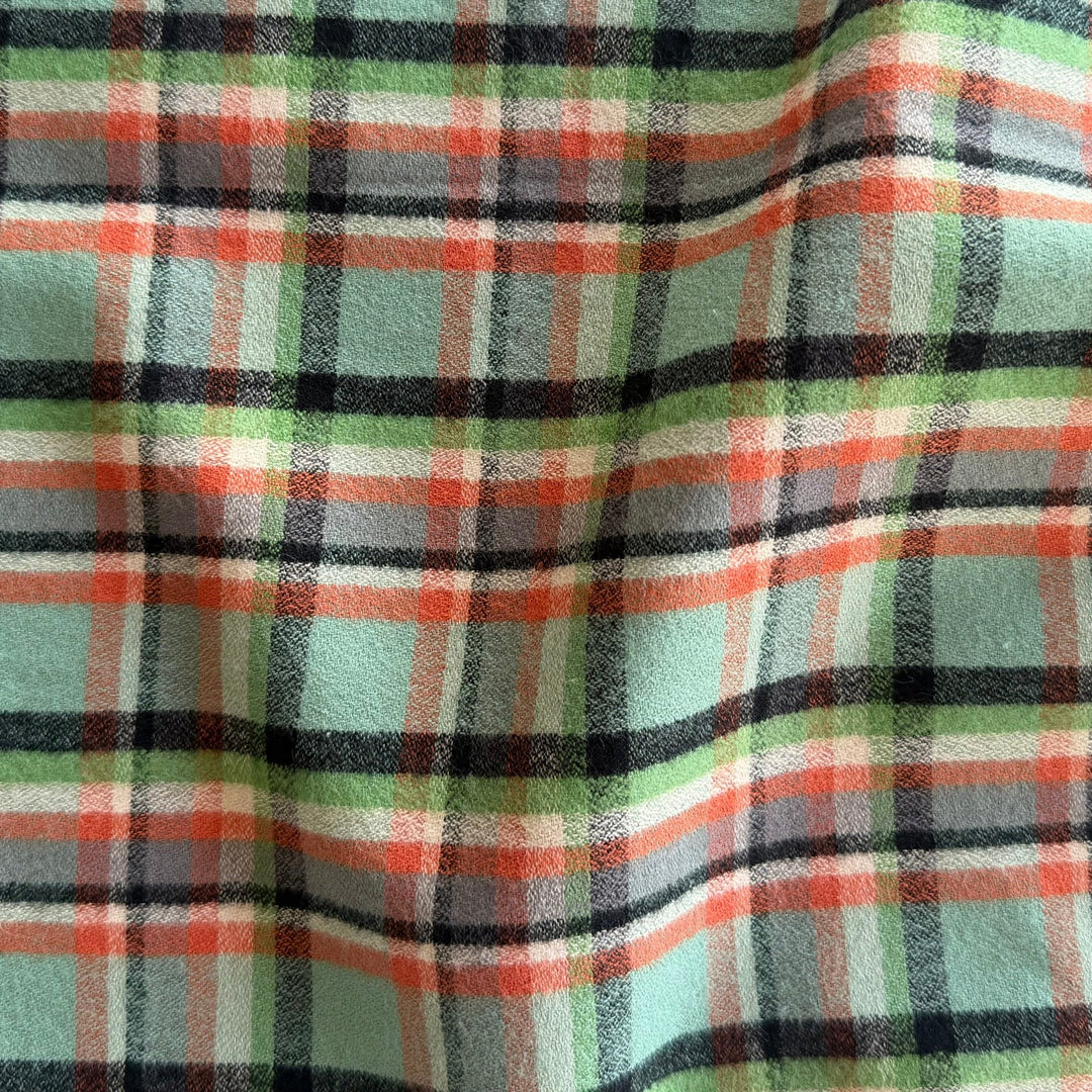 Cozy Sea Glass & Burnt Orange Plaid Cotton Flannel (Made in Italy)