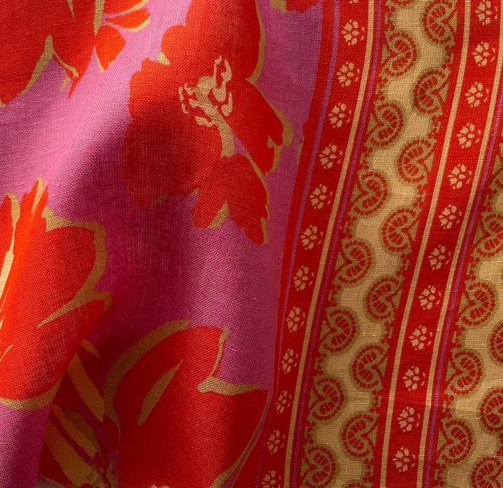 Double-Border - Light-Weight Vermilion & Flamingo Floral Linen (Made in Italy)