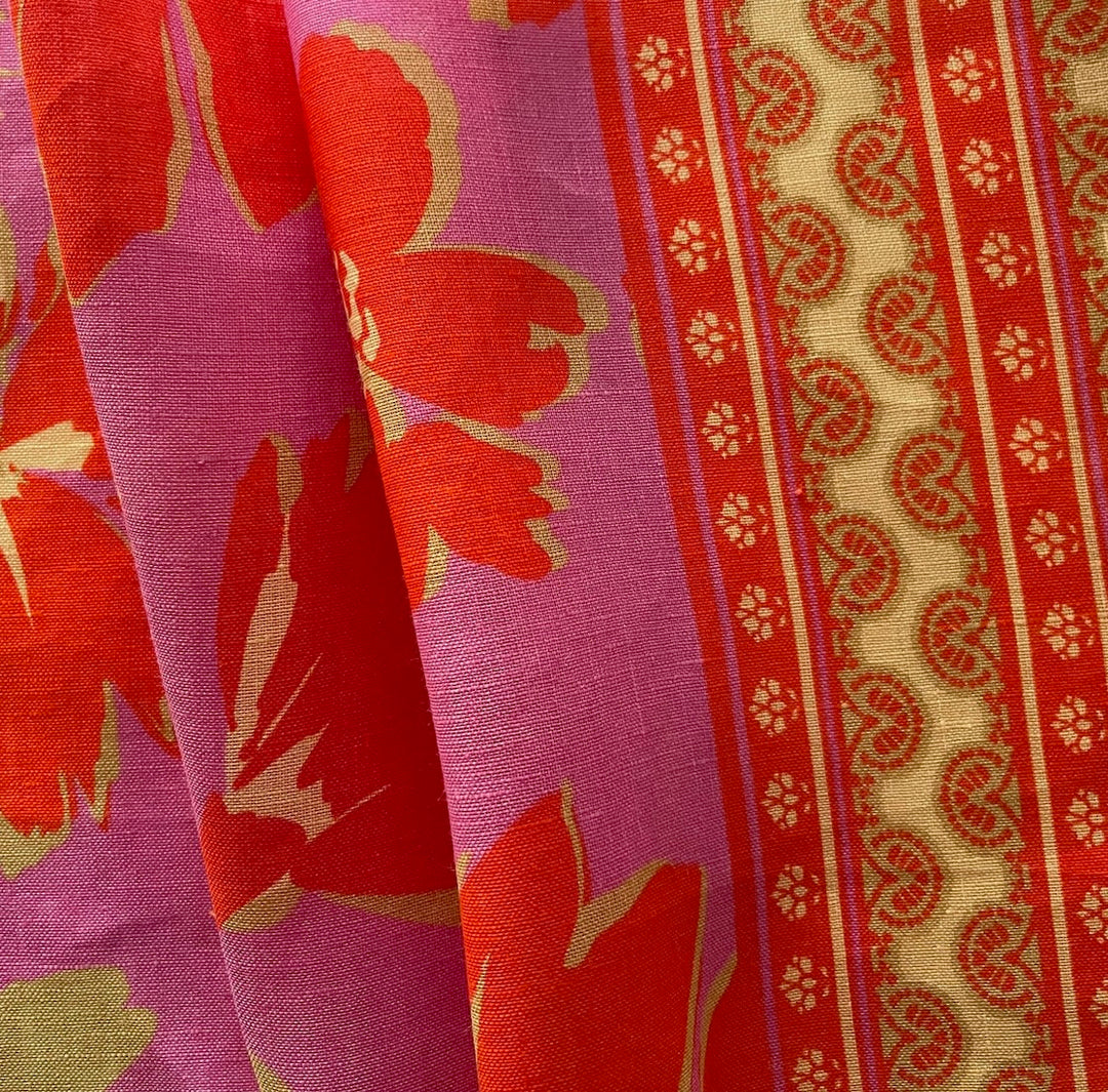 Double-Border - Light-Weight Vermilion & Flamingo Floral Linen (Made in Italy)