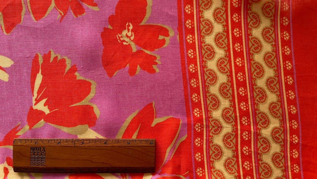 Double-Border - Light-Weight Vermilion & Flamingo Floral Linen (Made in Italy)