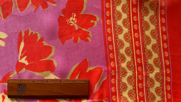 Double-Border - Light-Weight Vermilion & Flamingo Floral Linen (Made in Italy)