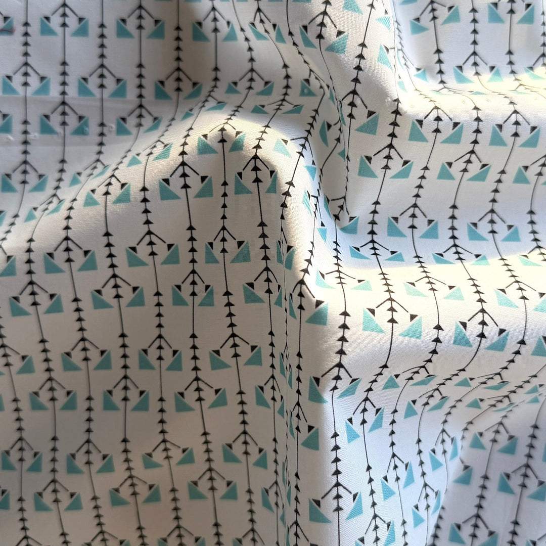 Turquoise Triangles & Stripes Cotton Lawn (Made in Italy)