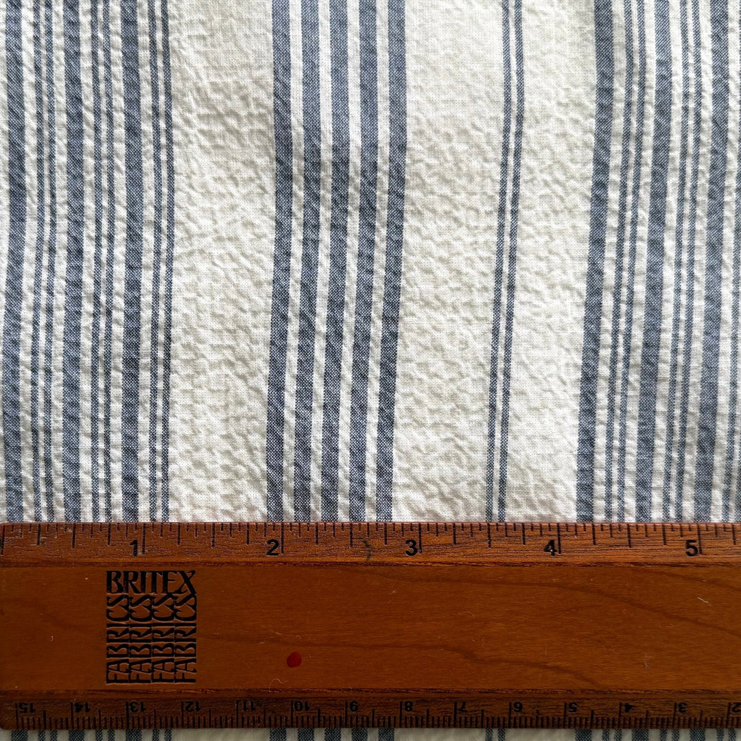 Denim & White Striped Stretch Crinkled Cotton (Made in Italy)