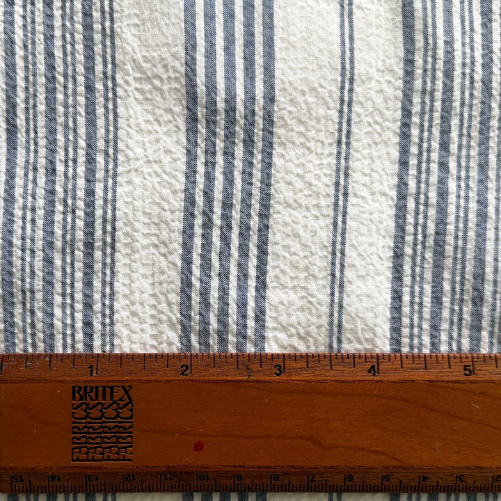 Denim & White Striped Stretch Crinkled Cotton (Made in Italy)