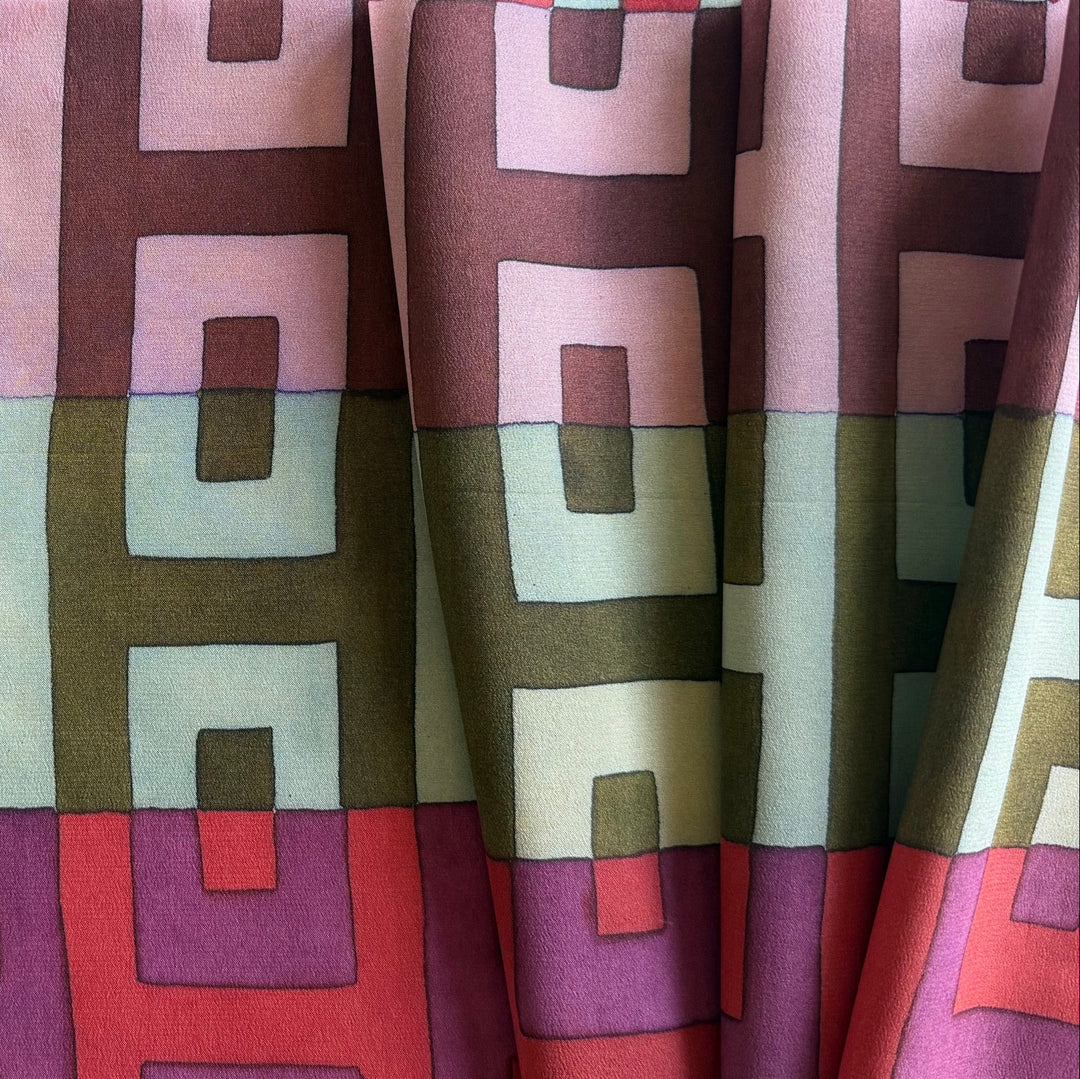 Muted Geometric Bricks Silk Crepe de Chine  (Made in Italy)