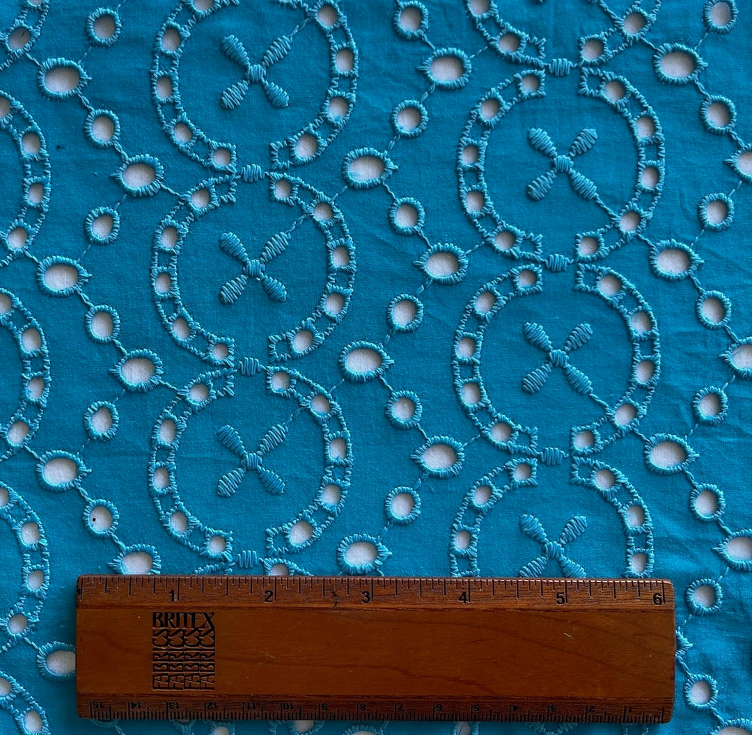 Vivid Turquoise Propellers Embroidered Cotton Lawn Eyelet (Made in Italy)