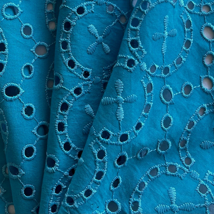 Vivid Turquoise Propellers Embroidered Cotton Lawn Eyelet (Made in Italy)