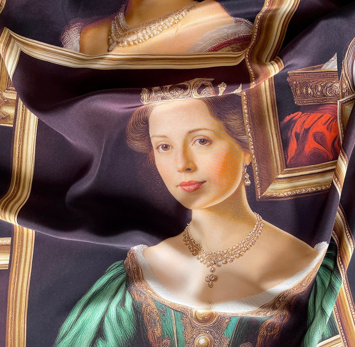 Gilded Framed Renaissance Portraits Silk Crepe de Chine (Made in Italy)