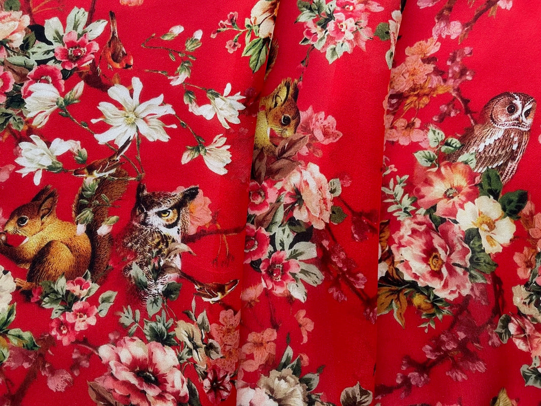 Gucci Woodland Squirrels & Songbirds Silk Satin Chiffon (Made in Italy)