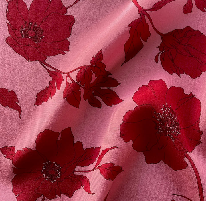 Designer Candy Red Poppies on Rouge Pink Silk Crepe de Chine (Made in Italy)