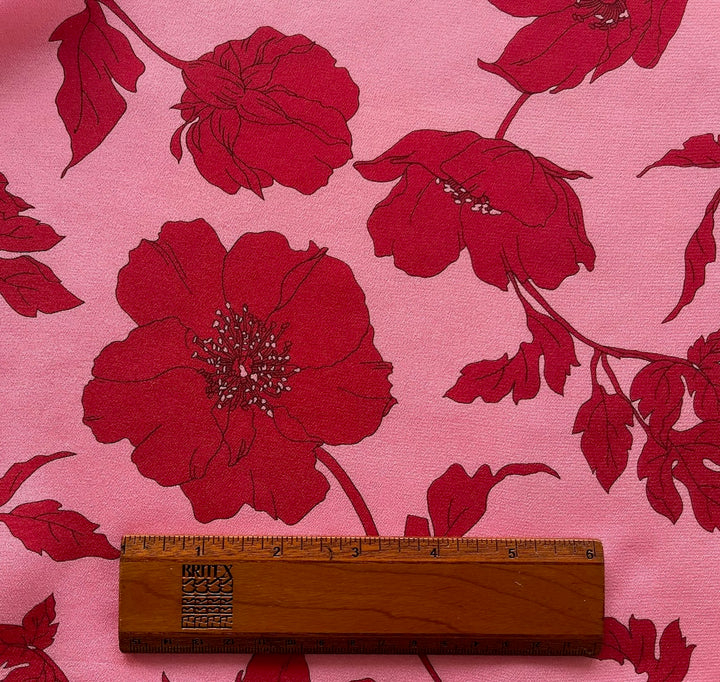Designer Candy Red Poppies on Rouge Pink Silk Crepe de Chine (Made in Italy)