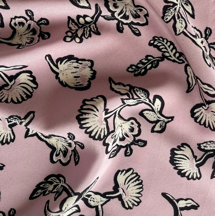 Woodcut Petunias Crepe Pink Silk Crepe de Chine (Made in Italy)