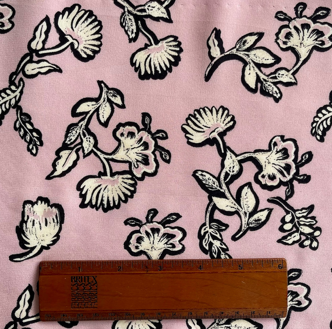 Woodcut Petunias Crepe Pink Silk Crepe de Chine (Made in Italy)