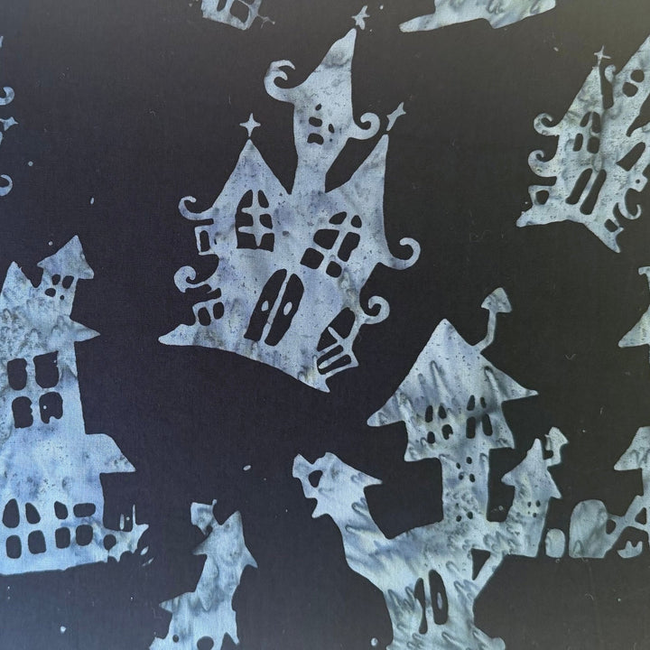 Spooky Haunted Houses on Charcoal Cotton Batik (Made in Indonesia)