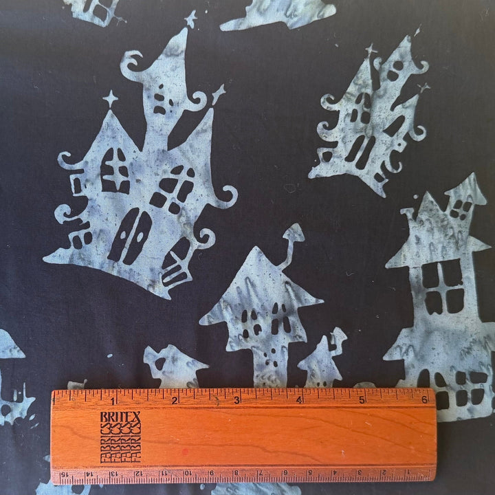 Spooky Haunted Houses on Charcoal Cotton Batik (Made in Indonesia)