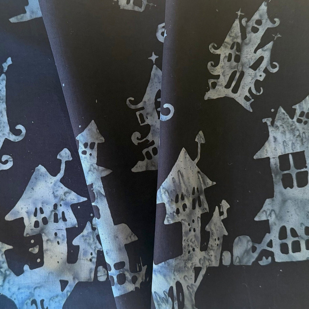 Spooky Haunted Houses on Charcoal Cotton Batik (Made in Indonesia)