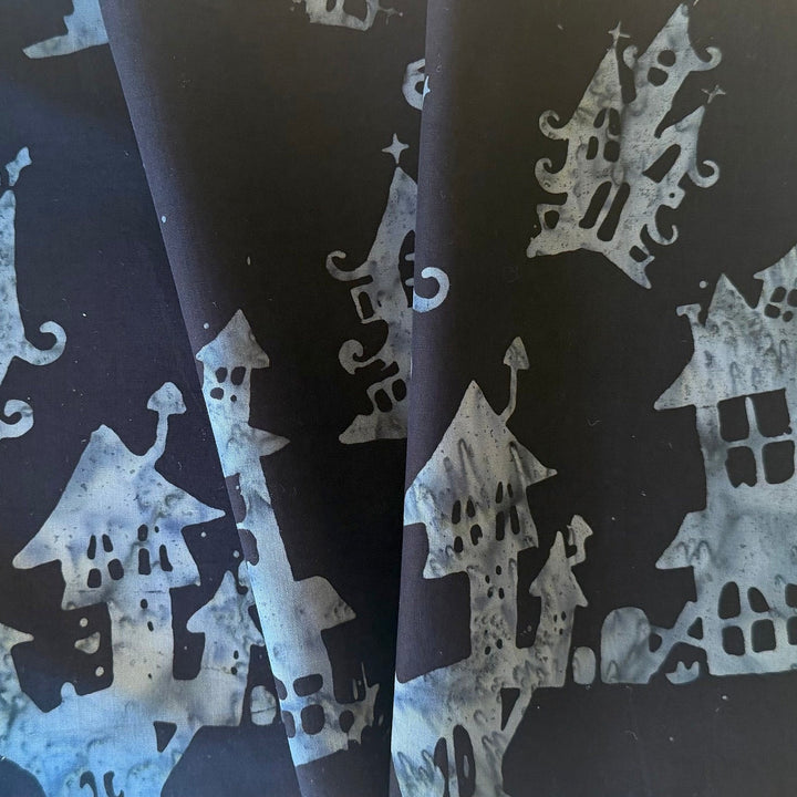 Spooky Haunted Houses on Charcoal Cotton Batik (Made in Indonesia)