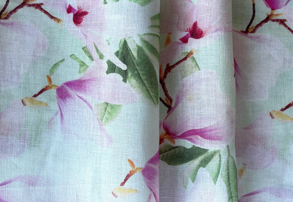 Light-Weight Pale Pink Magnolias Linen (Made in Poland)