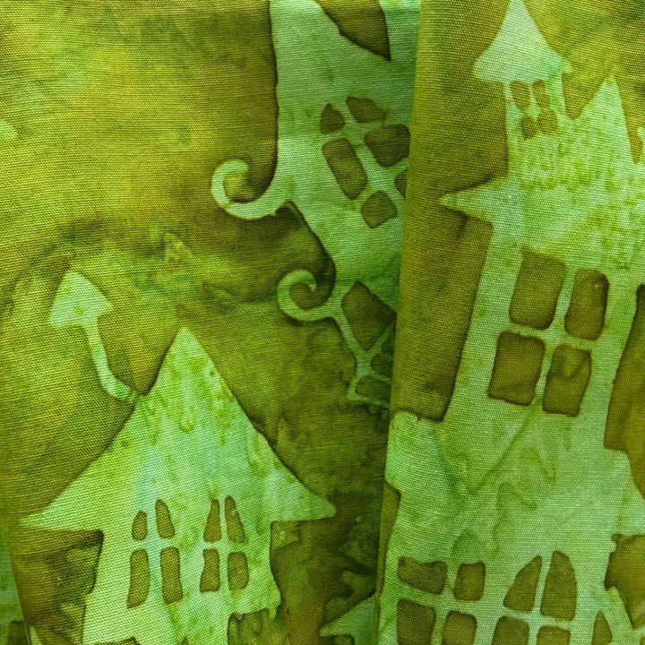 Spooky Haunted Houses in Chartreuse Cotton Batik (Made in Indonesia)