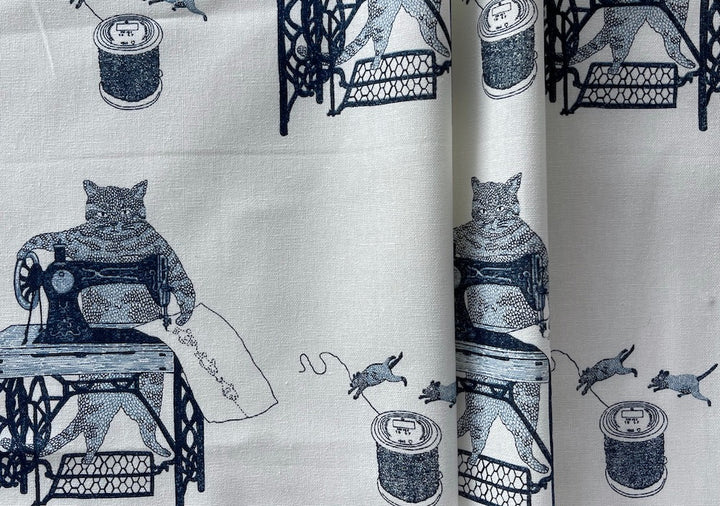 Mid-Weight Indigo Feline Seamstresses & Kittens on Off-White Cotton Osnaburg (Made in Japan)