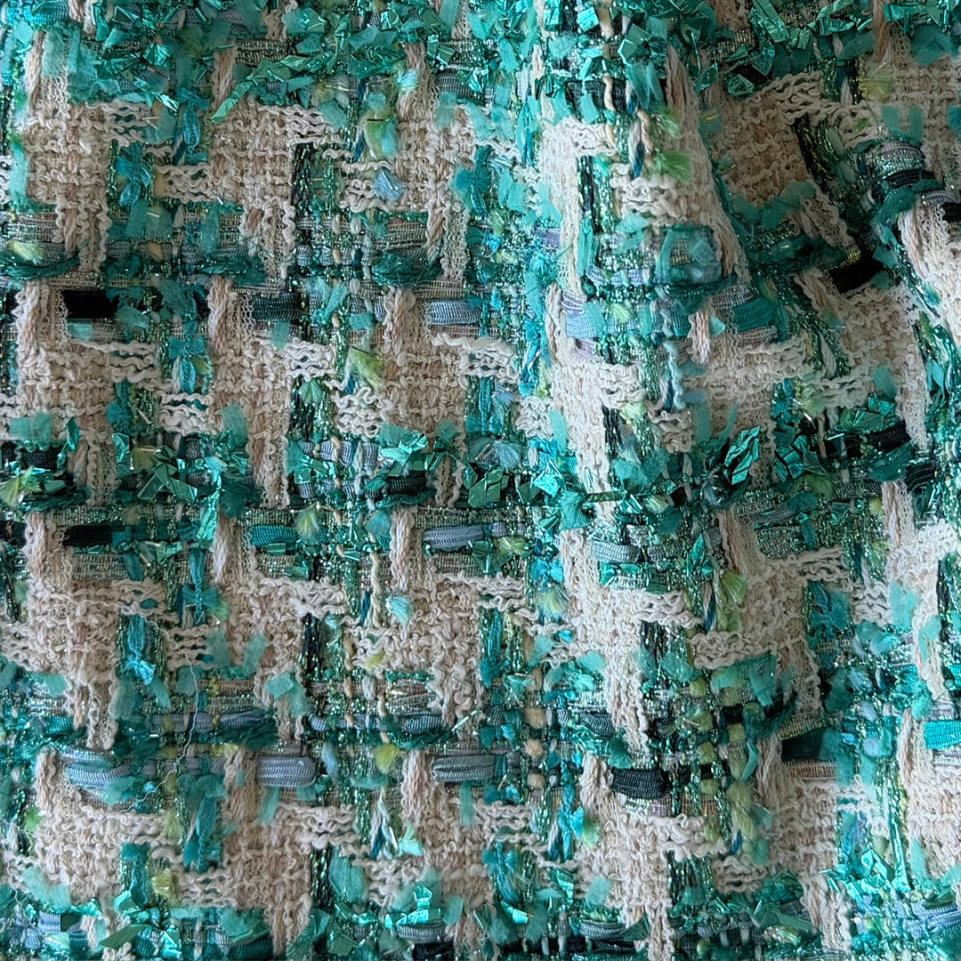 Couture Metallic Turquoise Houndstooth Cotton Blend Bouclé (Made in Italy)