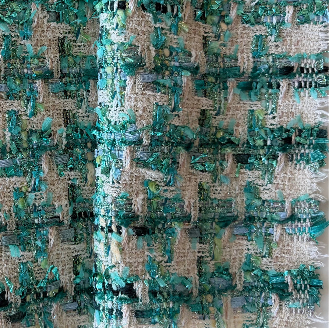 Couture Metallic Turquoise Houndstooth Cotton Blend Bouclé (Made in Italy)