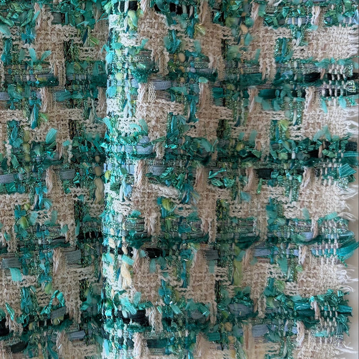 Couture Metallic Turquoise Houndstooth Cotton Blend Bouclé (Made in Italy)