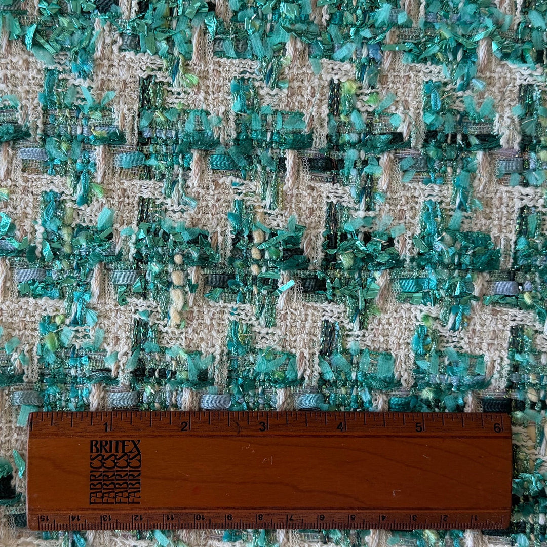 Couture Metallic Turquoise Houndstooth Cotton Blend Bouclé (Made in Italy)