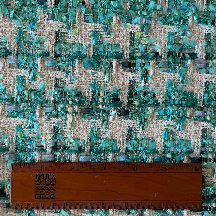 Couture Metallic Turquoise Houndstooth Cotton Blend Bouclé (Made in Italy)