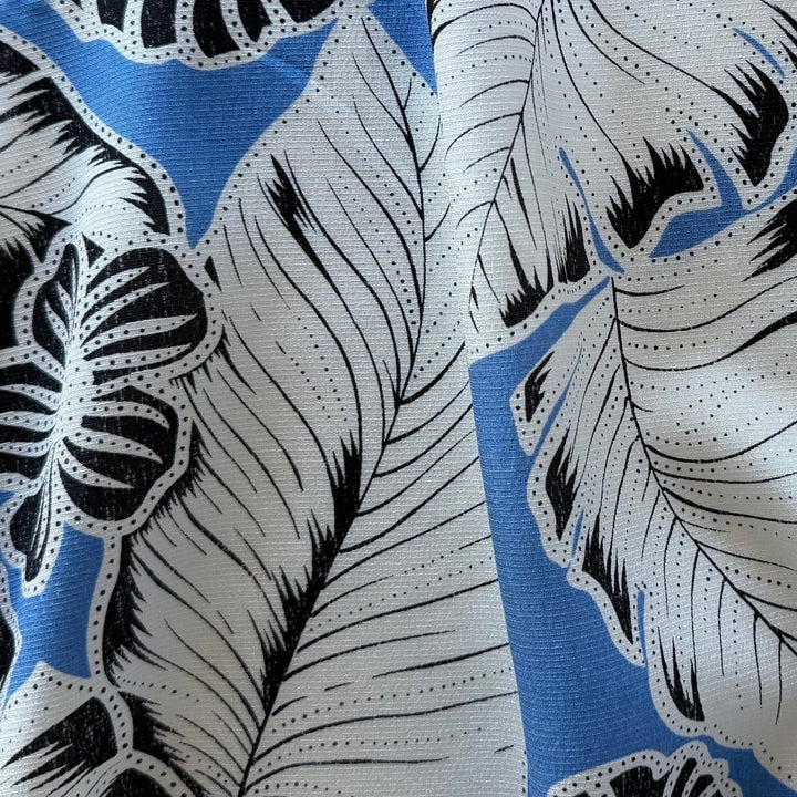 Graphic Tropical Foliage Silk on Cornflower Blue Crepe de Chine (Made in Italy)