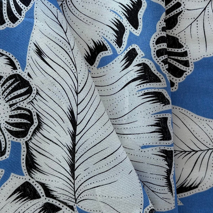 Graphic Tropical Foliage Silk on Cornflower Blue Crepe de Chine (Made in Italy)