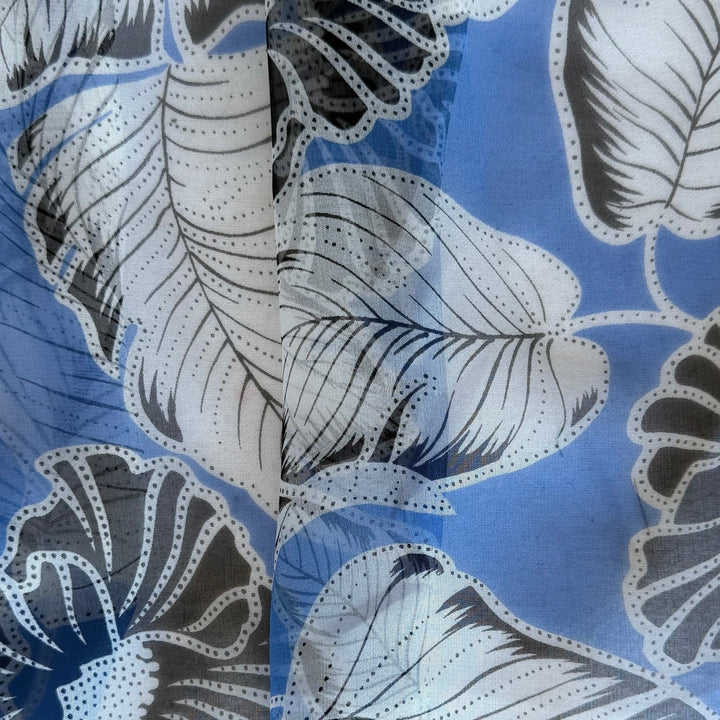 Sheer Graphic Tropical Foliage Silk on Cornflower Blue Chiffon (Made in Italy)