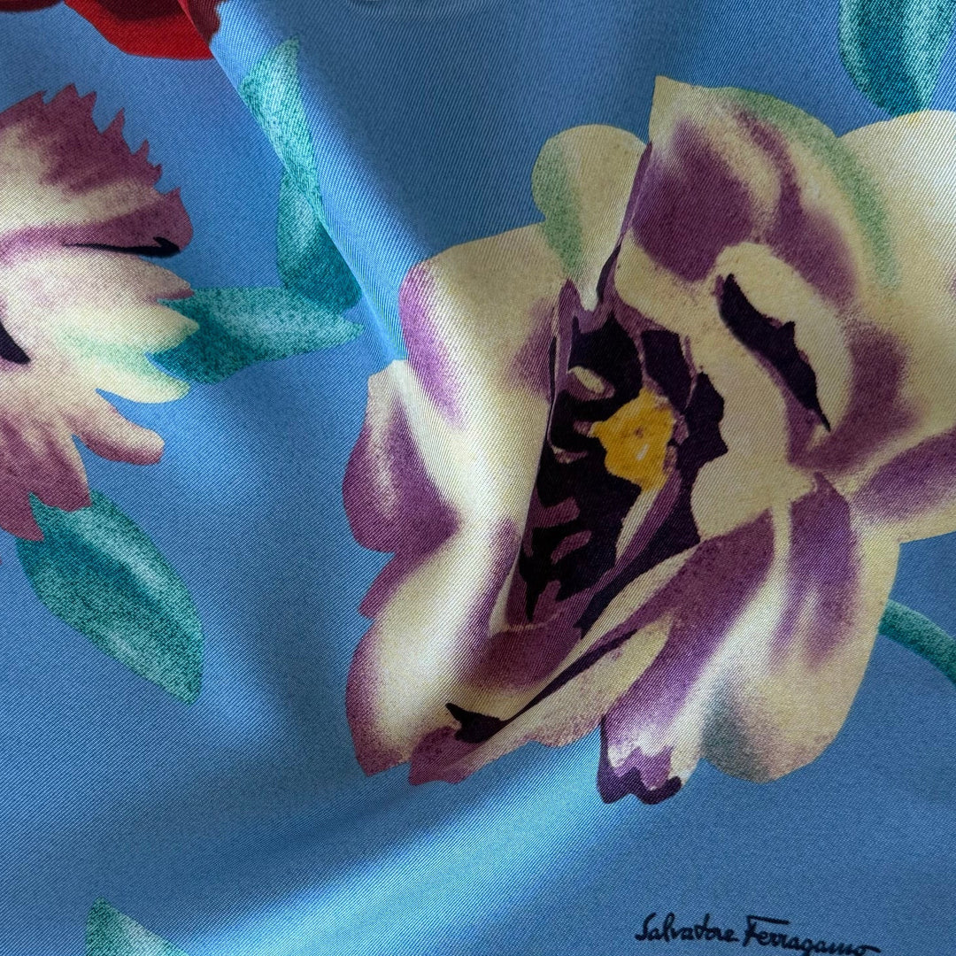 Ferragamo Lipstick Red Roses on Summer Sky Blue Signature Silk Twill (Made in Italy)