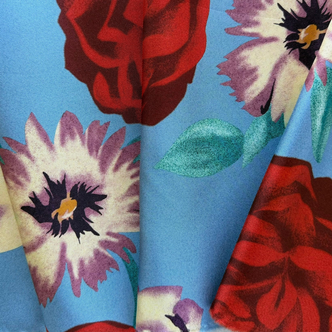Ferragamo Lipstick Red Roses on Summer Sky Blue Signature Silk Twill (Made in Italy)