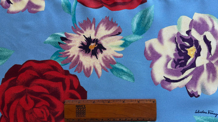 Ferragamo Lipstick Red Roses on Summer Sky Blue Signature Silk Twill (Made in Italy)