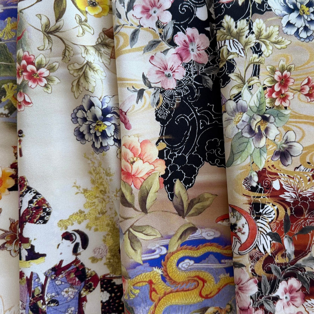 Japanese Floral Garden Breeze Stretch Silk Satin Charmeuse (Made in Italy)