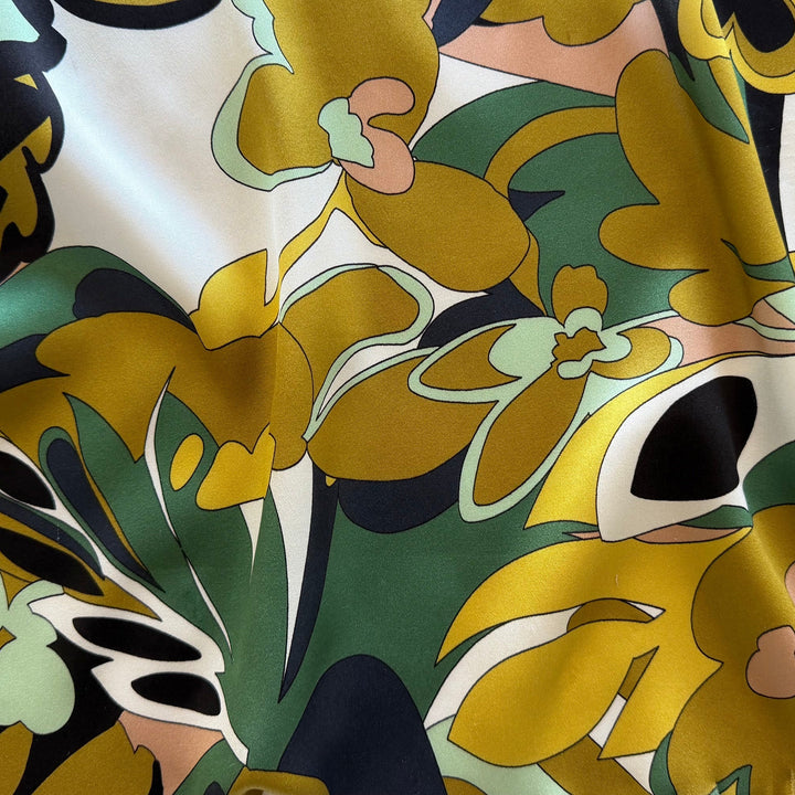 Psychedelic Pine & Mustard Stretch Silk Satin Charmeuse (Made in Italy)