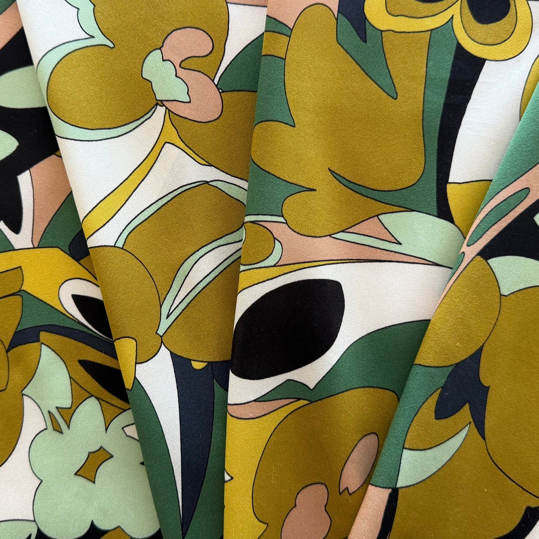 Psychedelic Pine & Mustard Stretch Silk Satin Charmeuse (Made in Italy)