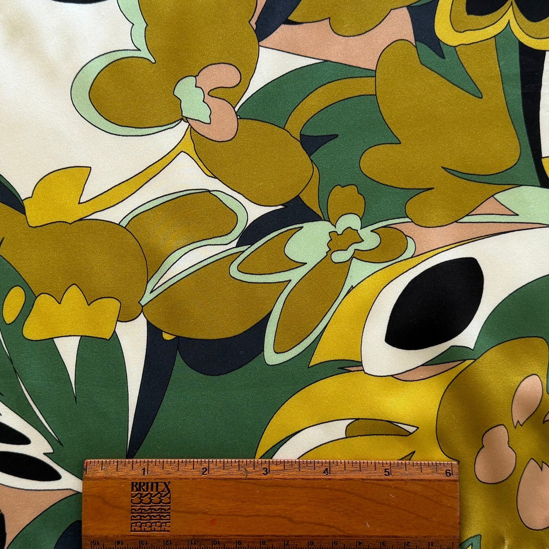 Psychedelic Pine & Mustard Stretch Silk Satin Charmeuse (Made in Italy)