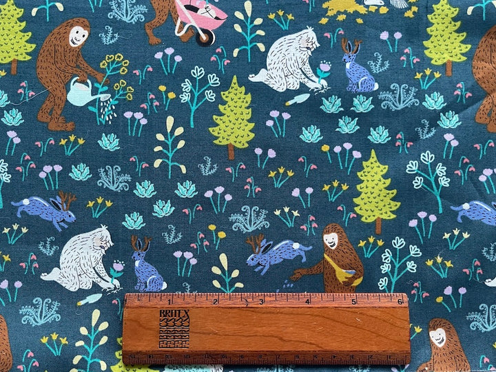 Mid-Weight Forest Gardening Jackalopes & Yeti Teal Quilting Cotton (Made in Japan)