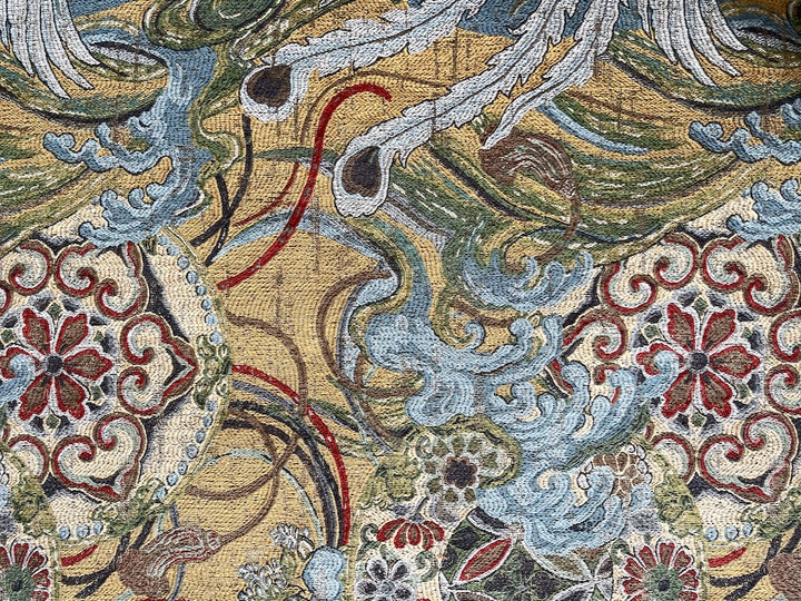 Bloomsbury-Influenced Peacock Feathers & Waves Viscose Blend Brocade Tapestry (Made in Turkey)