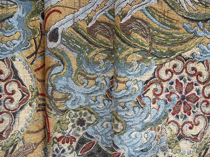 Bloomsbury-Influenced Peacock Feathers & Waves Viscose Blend Brocade Tapestry (Made in Turkey)