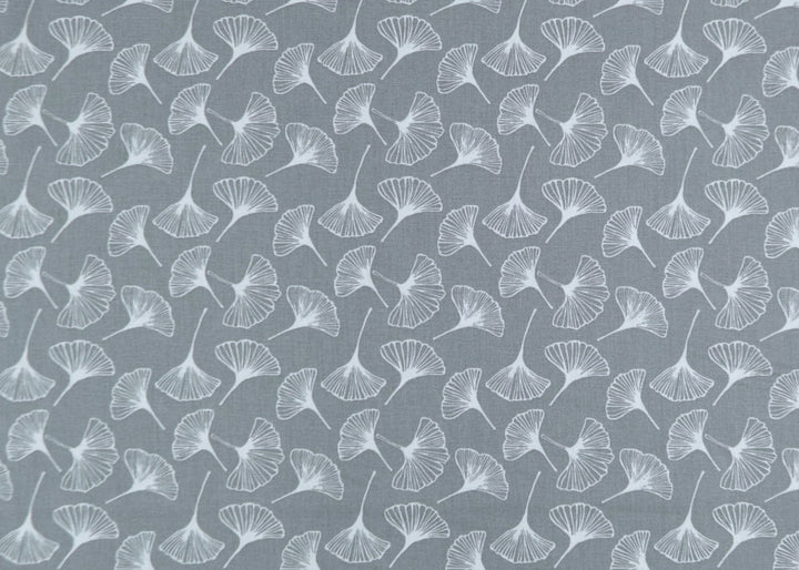 Fluttering White Ginkgo Leaves on Silvery Grey Laminated Cotton (Made in France)
