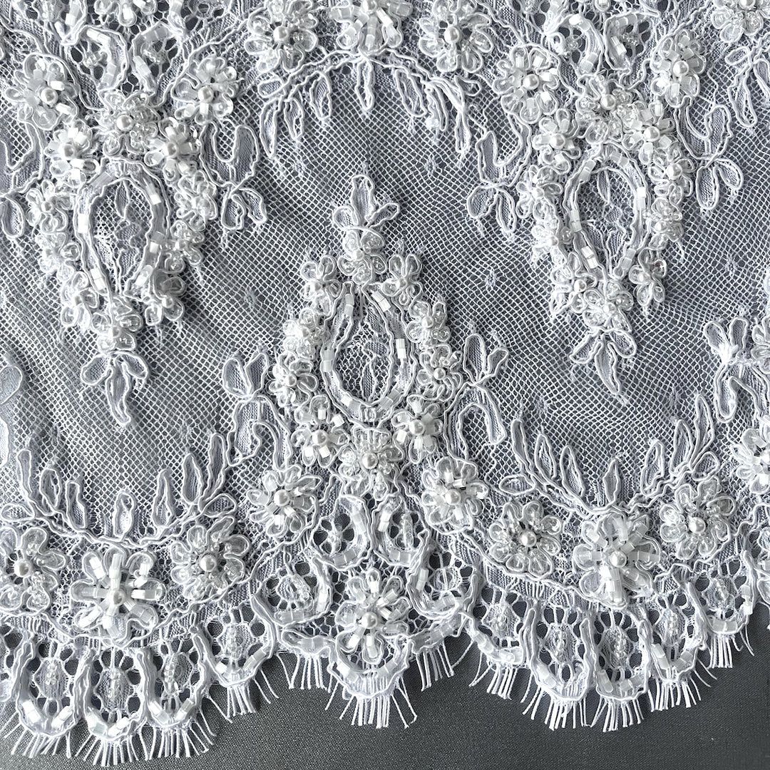 8 1/2" Bright White Beaded & Pearled Alençon Style Lace Trim