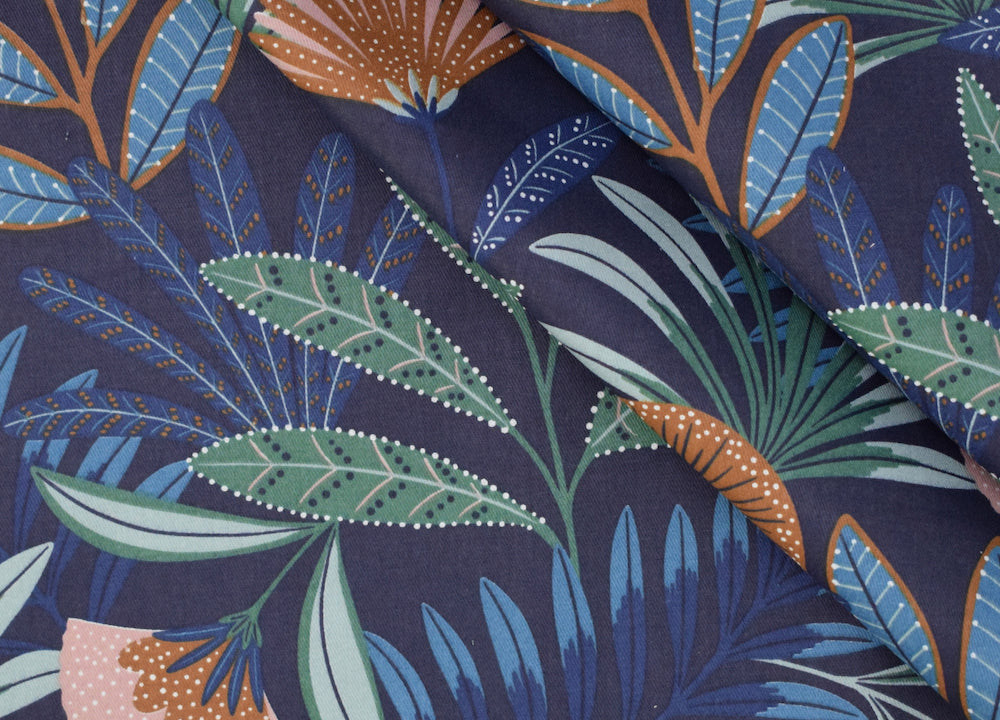 Feathered Leaves Midnight Navy Laminated Cotton (Made in France)